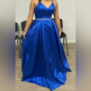 B Darlin Royal Blue Satin Prom Dress with Rhinestone Waist